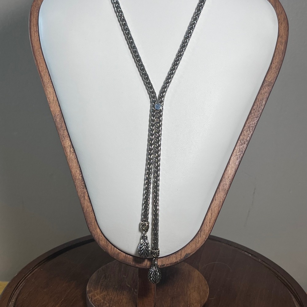 Vtg Heavy Silver Gold Tone Woven Wheat Chain Adjustable Lariat Necklace